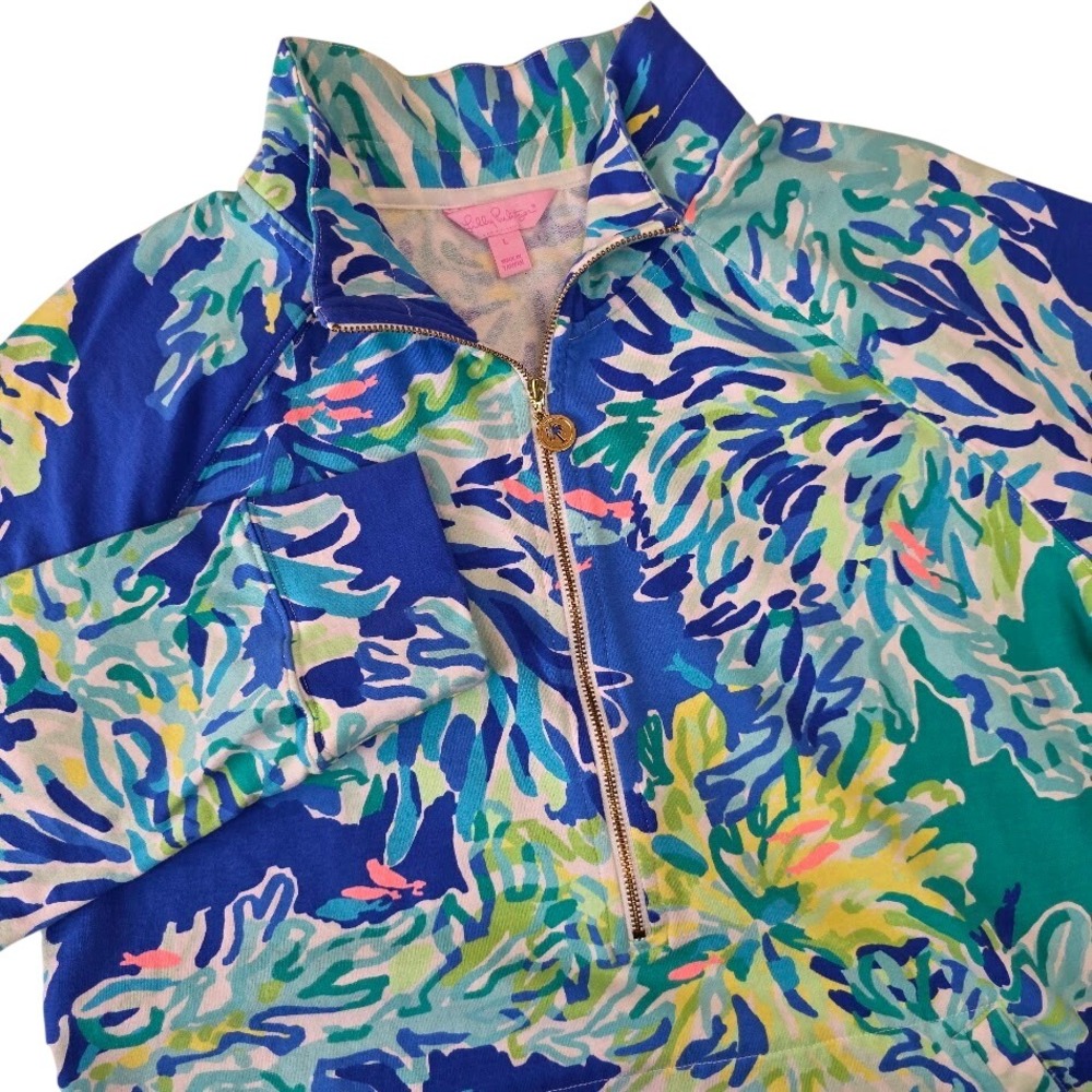 Lilly Pulitzer Womens L Skipper Popover Blue Green Coral Me Maybe Half Zip 20600